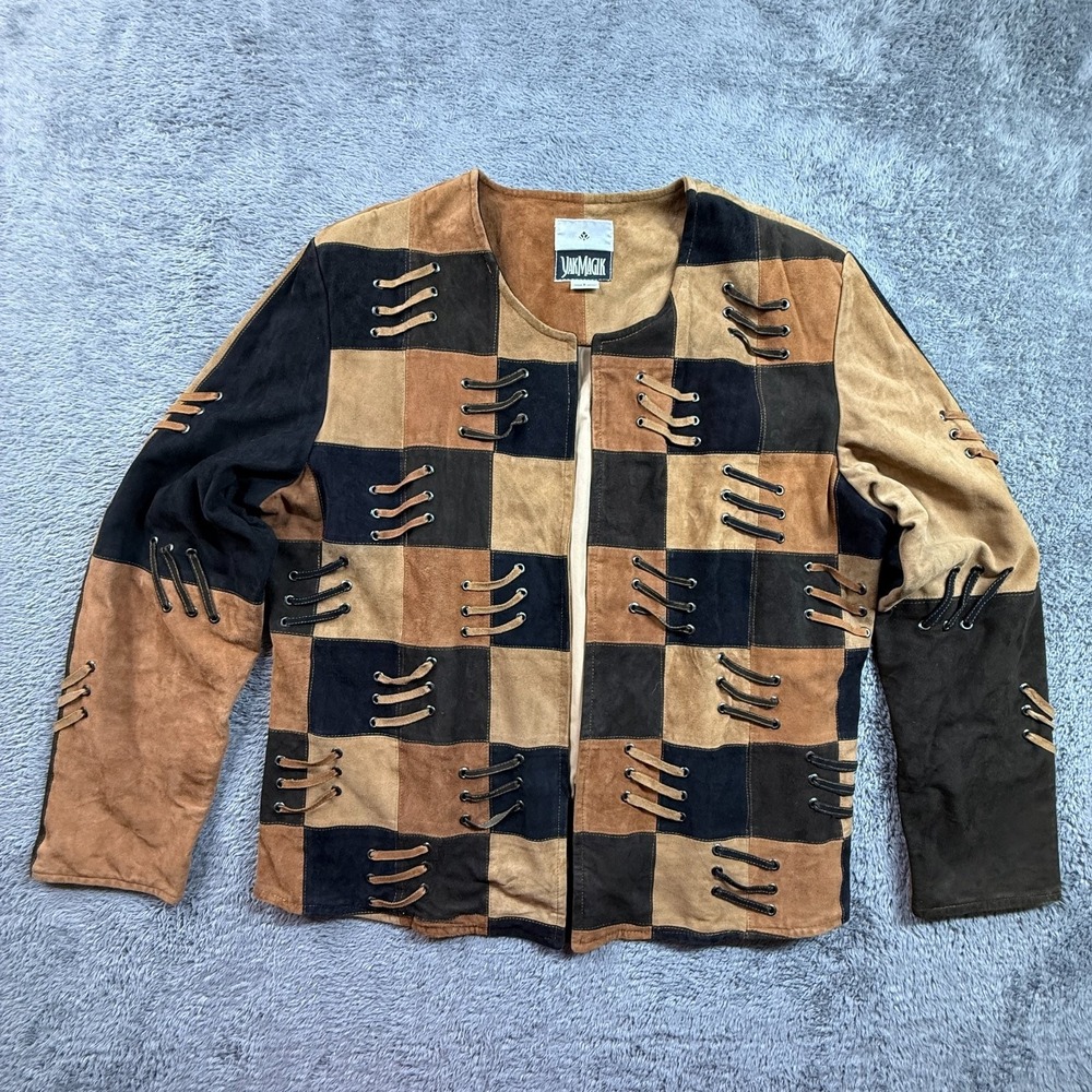 Yak Magik L Womens Leather Jacket Nepal Western Rodeo Colorblock Lace Up Brown